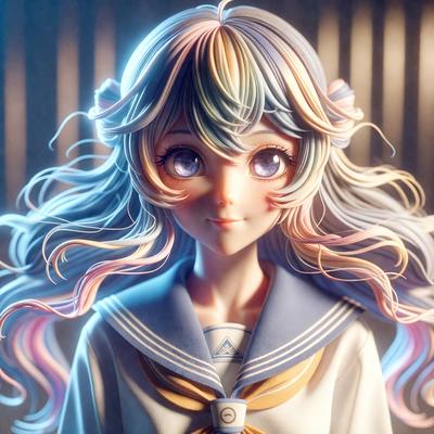 The primary subject of the image is a female anime character with long hair and a blue and white sailor suit. She is posing for the camera with a smile on her face. The setting is a dark room, and the visual style is digital art. The colors and mood of the image are predominantly blue and white, giving it a calm and serene atmosphere.